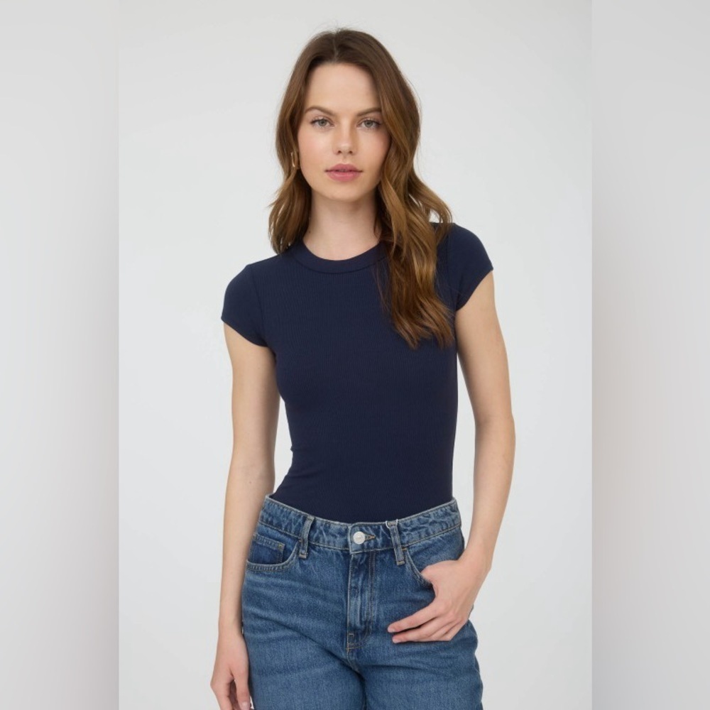 The Workshop Round Neck Short Sleeve Knit Bodysuit In Navy - Picture 3 of 5